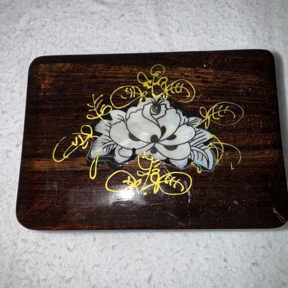 Black Ox Horn Comb in aTeak Box w Mother Of Pearl‎ Inlay Lotus & Mirror VTG - Picture 1 of 9